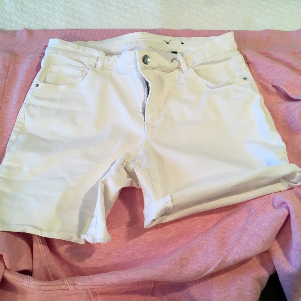 White cotton with some stretch jean shorts.